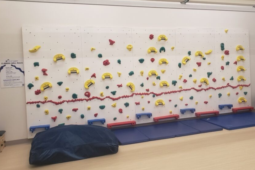 A rock climbing wall made of colourful boulder handles in various colours and heights used for strengthening core muscles during physiotherapy at KidsAbility.